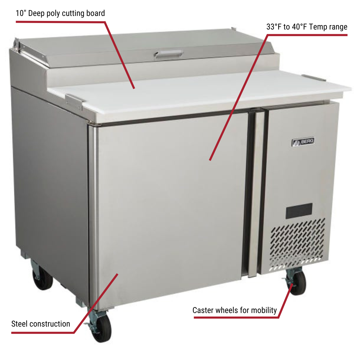 Berg BERP44 1-Door Pizza Prep Table 44"W With Callouts to 10" Deep Cutting Board, 33 to 40 Degree Temp Range, Casters, Steel Construction