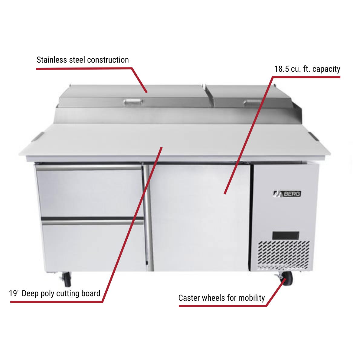 Berg BERP67-2DWL 1-Door 2-Drawer Pizza Prep Table 67"W With Callouts to Stainless Steel Construction, 18.5 cu. ft. Capacity, 19" Deep Cutting Board, Casters