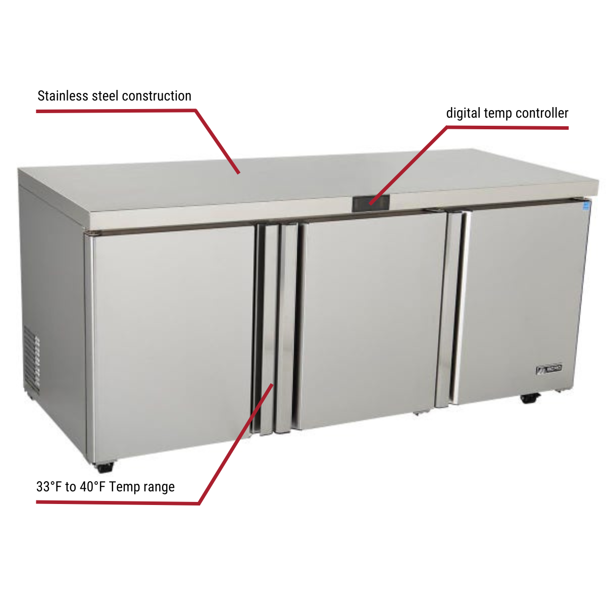 Berg BERU72R 21.13 cu. ft. 3-Door Undercounter Refrigerator 72-3/4"W With Callouts to Stainless Steel Construction, Digital Temp Controller, 33 to 40 Degrees