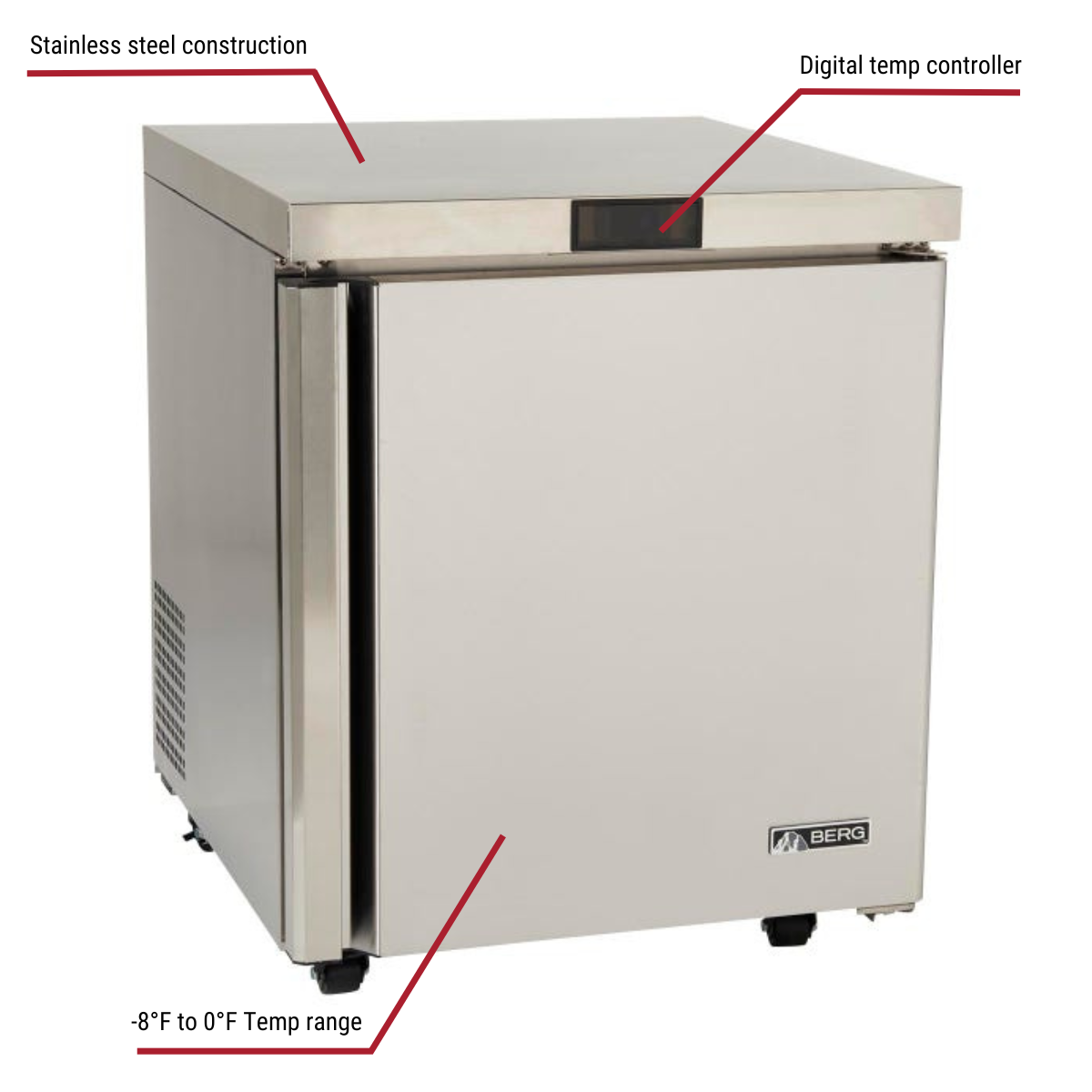 Berg BERU27F 7.15 cu. ft. 1-Door Undercounter Freezer 27-1/2"W With Callouts to Stainless Steel Construction, Digital Temp Controller, -8 to 0 Degree Temp Range