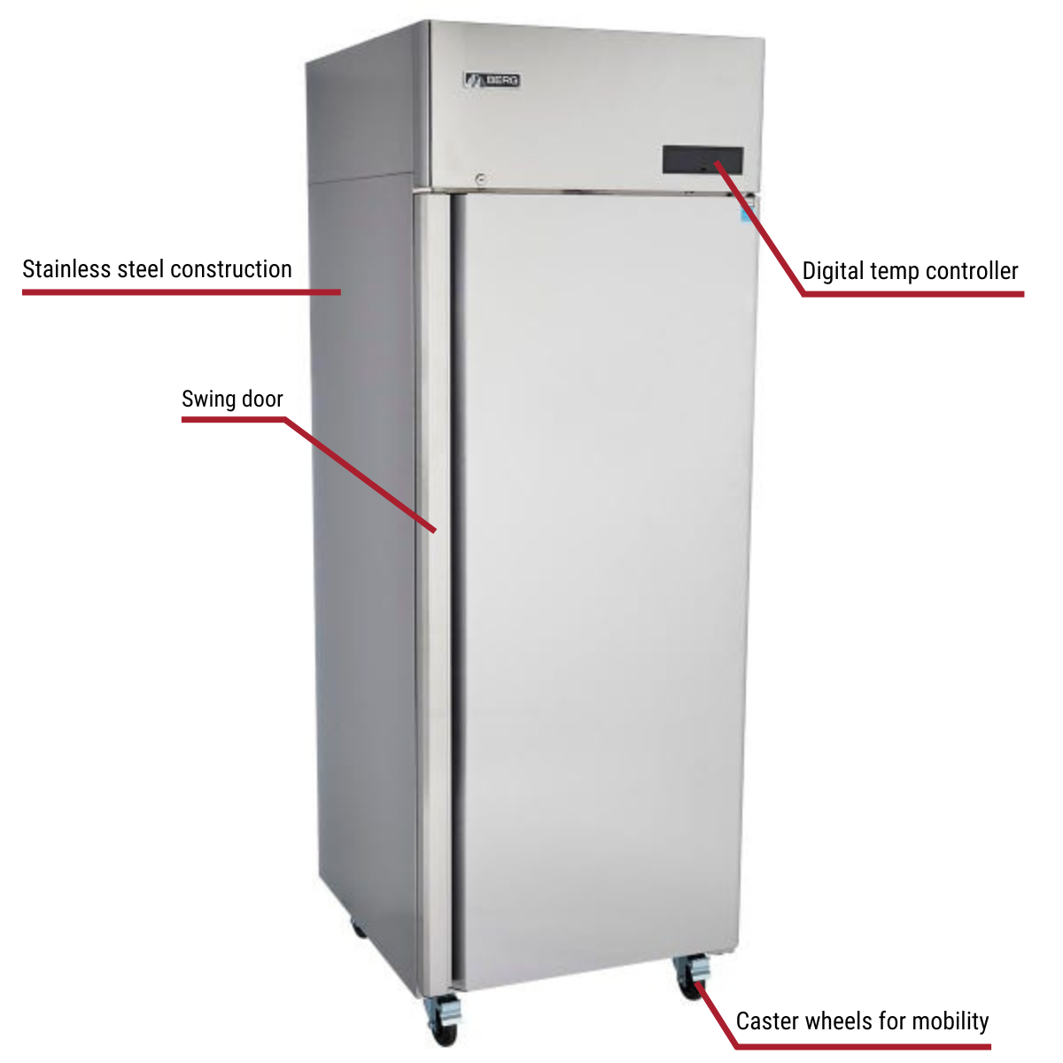 Berg BERT1R 21.4 cu.ft. 1-Door Top Mount Reach-In Refrigerator 28-3/4"W With Callouts to Stainless Steel, Temp Control, Swing Door, And Casters