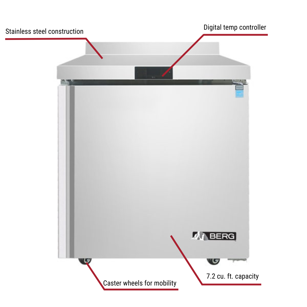Berg BERWT27F 7.2 cu. ft. 1-Door Worktop Freezer 27-1/2"W With Callouts to Stainless Steel Construction, Digital Temp Controller, Casters