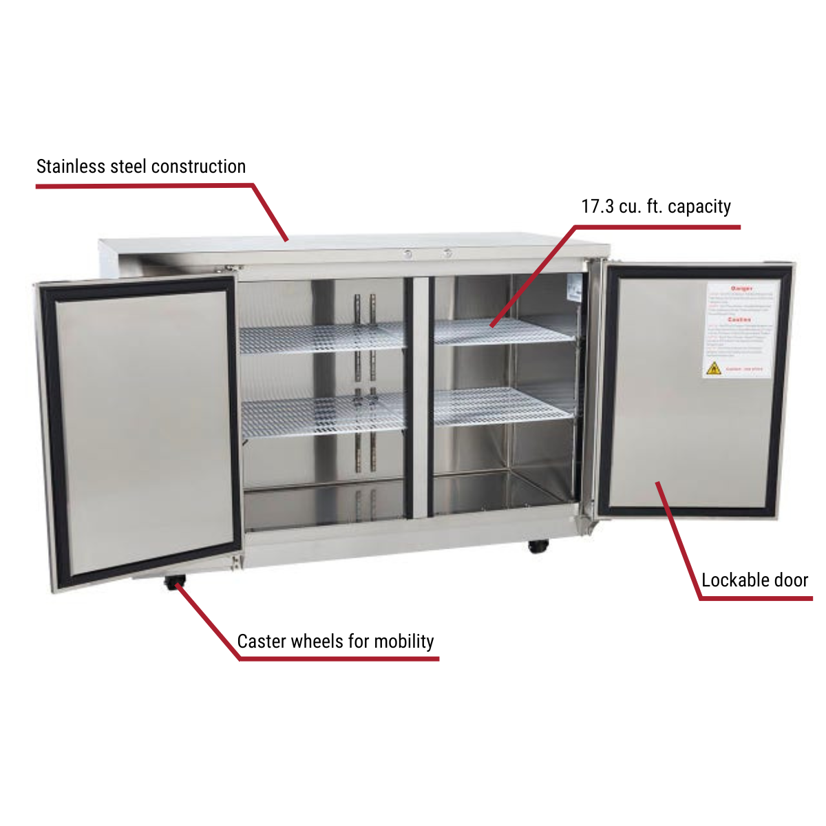 Berg BERBB59 Stainless Steel Back Bar Cooler 57-3/4"W With Callouts to 17.3 cu. ft. Capacity, Casters, Lockable Door