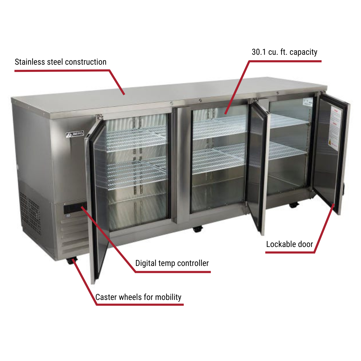Berg BERBB90 Stainless Steel Back Bar Cooler 89-1/4"W With Callouts To 30.1 cu. ft. Capacity, Digital Temp Controller, Lockable Door, Caster Wheels