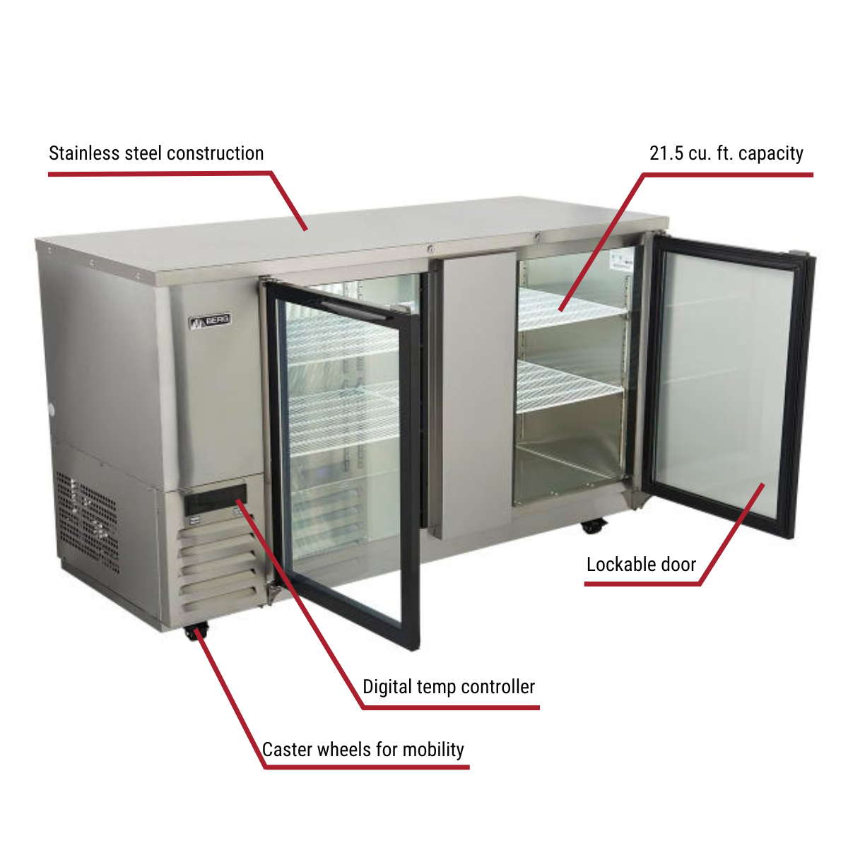 Berg BERBBG69 Stainless Steel Back Bar Cooler with Glass Doors 68"W With Callouts to 21.5 cu. ft. Capacity, Lockable Doors, Digital Temp Controller, Casters