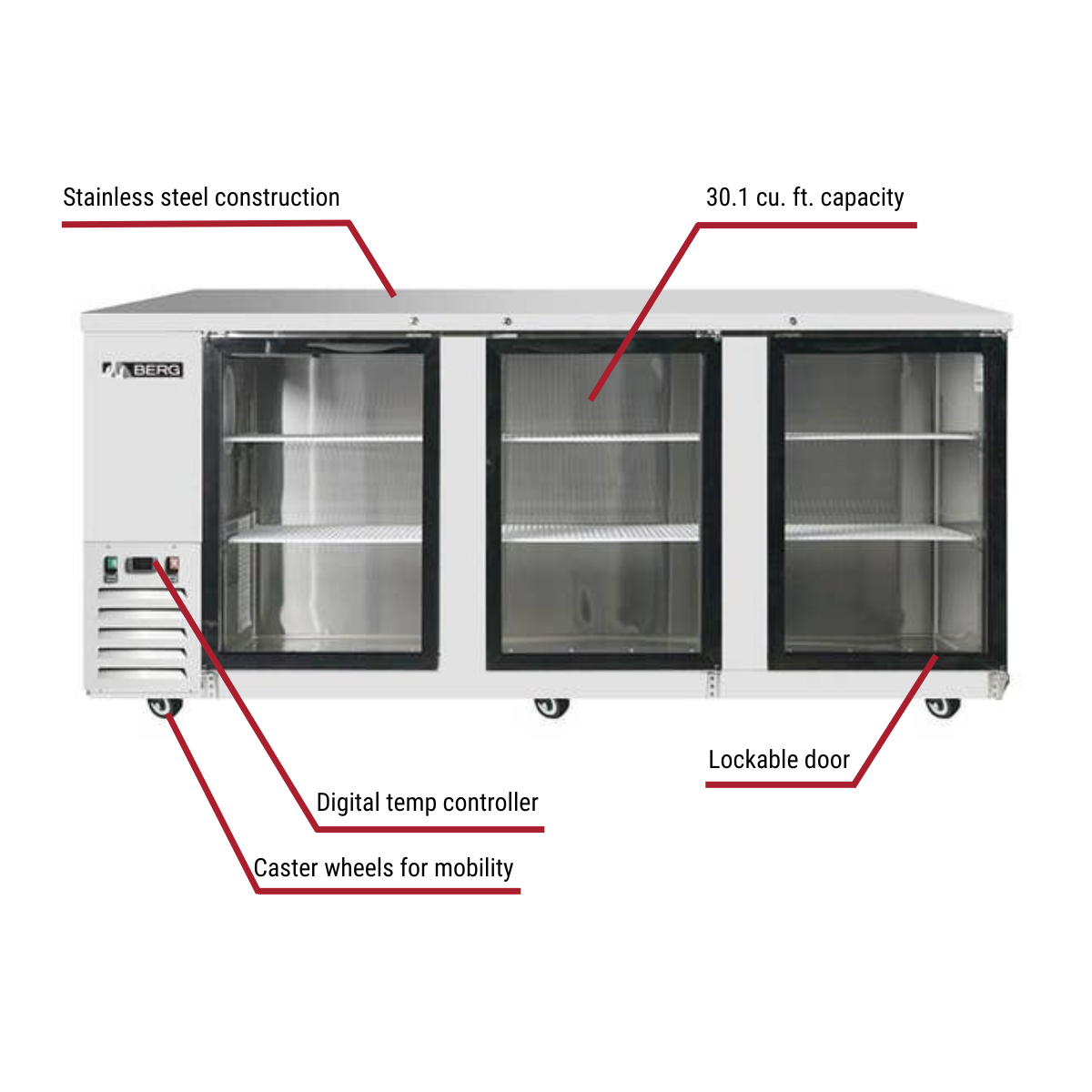 Berg BERBBG90 Stainless Steel Back Bar Cooler with Glass Doors 89-1/4"W With Callouts to 30.1 cu. ft. Capacity, Lockable Door, Digital Temp Controller, Casters
