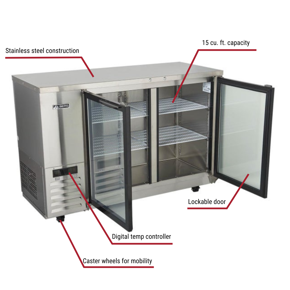 Berg BERBGS59 Shallow Depth Stainless Steel Back Bar Cooler with Glass Doors 57-3/4"W With Callouts to Stainless Steel Construction, 15 cu. ft. Capacity, Lockable Door, Digital Temp Controller, Caster Wheels