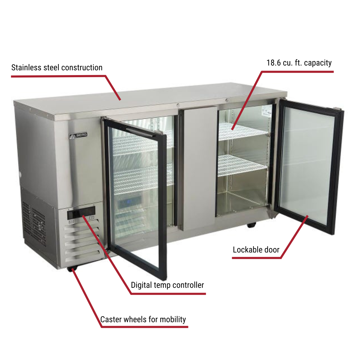 Berg BERBGS69 Shallow Depth Stainless Steel Back Bar Cooler with Glass Doors 68"W With Callouts To Stainless Steel Construction, 18.6 cu. ft. Capacity, Lockable Door, Digital Temp Controller, Caster Wheels