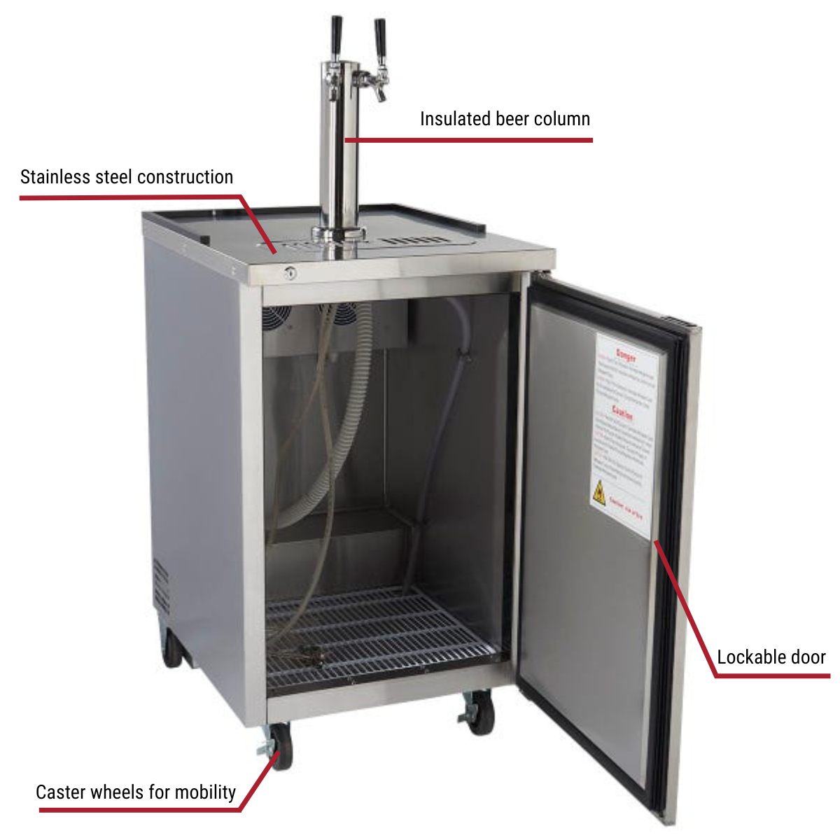 Berg BERKC23 1-Keg Portable Stainless Steel Beer Dispenser 23"W With Callouts to Insulated Beer Column, Lockable Doors, Casters