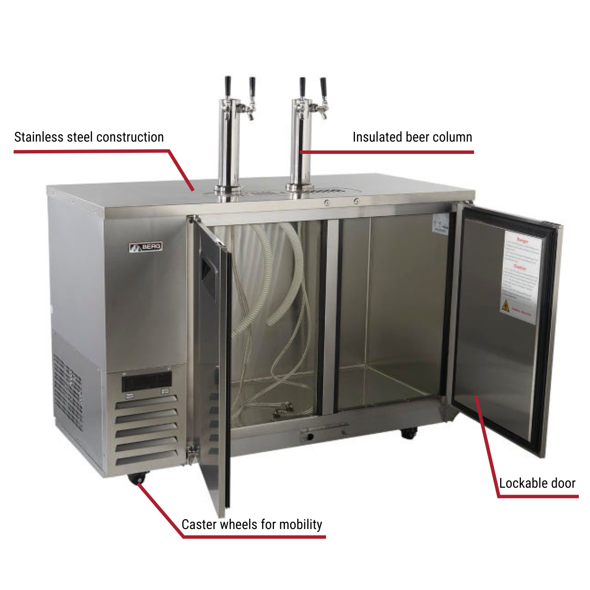 Berg BERKC58 2-Keg Stainless Steel Beer Dispenser 57-3/4"W with Callouts to Stainless Steel Construction, Insulate Beer Column, Caster Wheels, and Lockable Doors