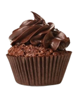 Chocolate cupcake with swirled chocolate icing. The cupcake is in a brown wrapper.