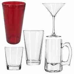 A red plastic tumbler, glass rocks glass, mixing glass, martini glass, and beer stein.