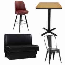 A crimson padded barstool with a back, a black single booth, a black stamped metal chair, and bar-height table.