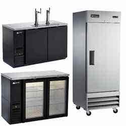 A black beer dispenser with two taps, a black bottle cooler with two glass doors, and a stainless steel one door refrigerator.