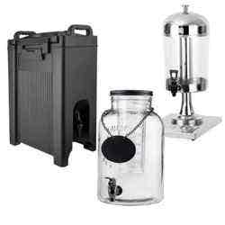 An black insulated beverage dispenser, a Tablecraft 2-gallon cold beverage dispenser with an infuser and ice core, and a Bradford Hall 2.1-Gallon Cold Beverage Dispenser.