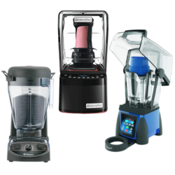 A Vitamix 5205 XL blender, a Blendtec 2C2901-B1K Blend-in-Cup Blender with Enclosure, and a Waring MXE2000 Xtreme blender.