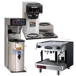 A stainless steel tea brewers, a coffee brewing machine with two additional warmers, and an espresso machine.