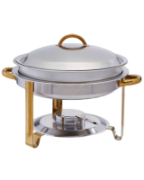 Stainless steel chafer with brown handles.