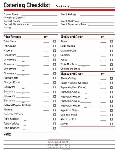 Image of catering equipment and supply checklist. Black text on white background with red bars.