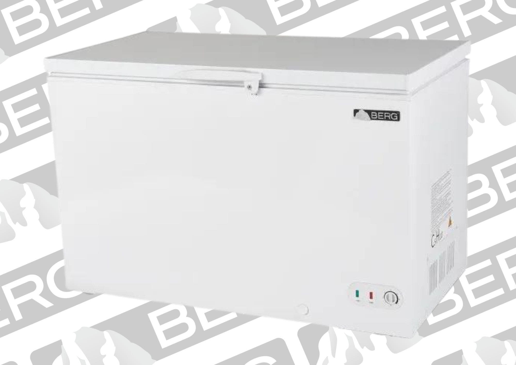 A white Berg chest freezer with a lock.