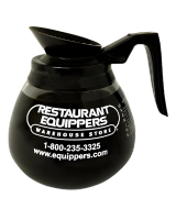 Glass coffee pot filled with coffee. It has a black handle and lid.