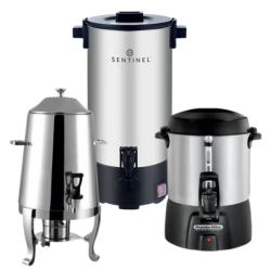 A Bradford Hall 2.9 Gallon Chafer Coffee Urn, a Sentinel 40 -Cup Stainless Steel Coffee Urn, and a Proctor Silex 40-Cup Aluminum Coffee Urn.