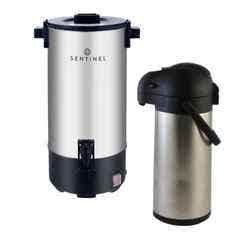 A Bradford Hall 2.2-liter stainless steel airpot with a lever and a Sentinel 30-cup stainless steel coffee urn.