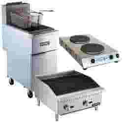 A patriot floor style deep fryer, a patriot countertop charbroiler, and a Cadco cast iron electric hot plate with two burners.