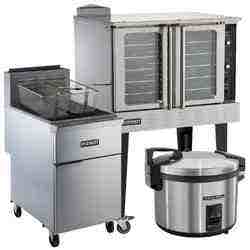 A floor-style deep fryer, a single deck convection oven, a rice cooker/warmer