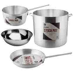 Aluminum sauce pan, aluminum stock pot, a stainless steel mixing bowl, and an aluminum fry pan.