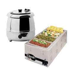 A Sentinel 10.5-Quart Stainless Steel Electric Soup Kettle Warmer and an APW Wyott 28.5-quart 4-pan insulated countertop food warmer.
