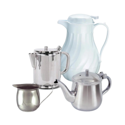 A stainless steel Holloware 5 oz. Round Bell Creamer, a stainless steel beverage server, a stainless steel gooseneck spout teapot, and a 20 oz. white swirl insulated beverage server.