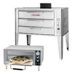 A countertop pizza oven with a pizza in it and three deck full-sized pizza oven.