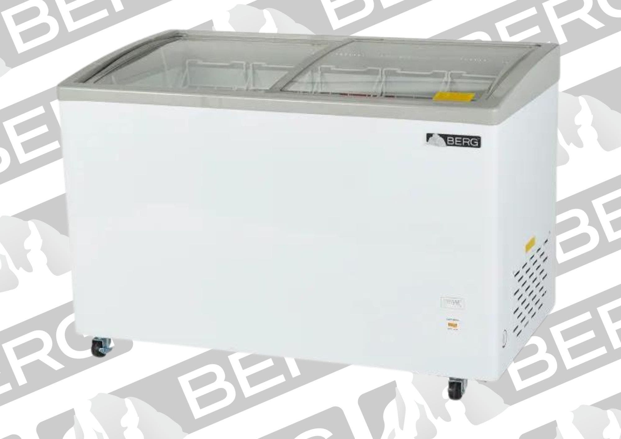 A white Berg display freezer with two sliding glass doors on the top of the freezer.