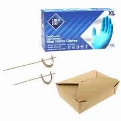 Two bamboo picks, a box of extra large nitrile gloves, and a brown folded takeout box.