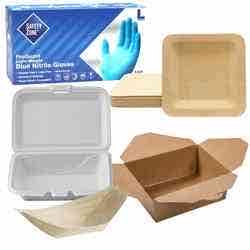 A box of nitrile disposable gloves, disposable bamboo square plates, a folded takeout box, a pinewood serving boat, white take-out hinged foam clamshell container.