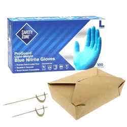 One box of large blue nitrile gloves, two bamboo sword picks, and one brown folded takeout box all pictured on a white background.