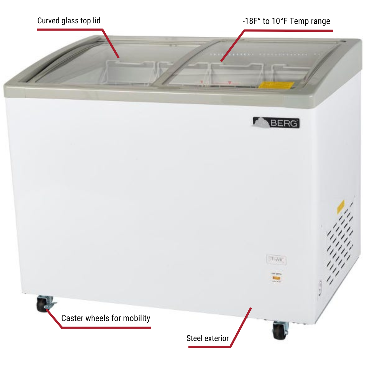 Berg SD351S 9.89 cu. ft. Curved Glass Top Display Freezer 41-1/4"W With Callouts to -18 to 10 Degree Temp Range, Casters, Steel Exterior