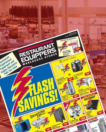Photograph of a warehouse store with a blue transparent overlay and a copy of the catalog on top of it.