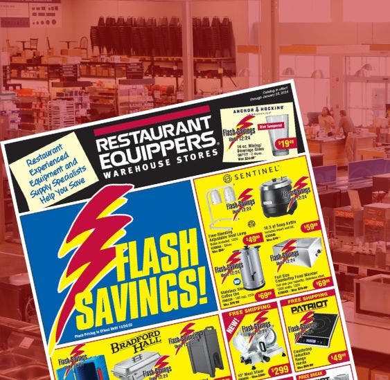 Photograph of a warehouse store with a blue transparent overlay and a copy of the catalog on top of it.