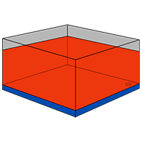 A wire frame drawing of an flat bottom fryer with the hot oil zone colored red and the sediment zone blue.