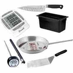 Pictures of a food prep and kitchen supplies and equipment on a white background. Pictured are a chef's knife with a black handle, a digital timer, a black 1/2-size poly food pan, a 14" aluminum fry pan, a probe thermometer, and turner with a black handle