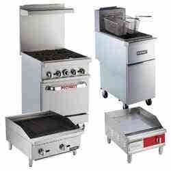 Stainless steel commercial cooking equipment pictured on a white background. A four-burner range with an oven, a floor model deep fryer, a countertop charbroiler and a countertop griddle.