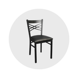 Black chair with X-style back and black padded seat.