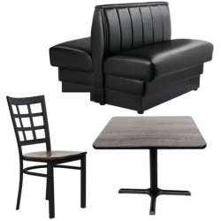 A black two-sided booth, a faux wood top square restaurant table, a black metal window back chair with a wooden seat.