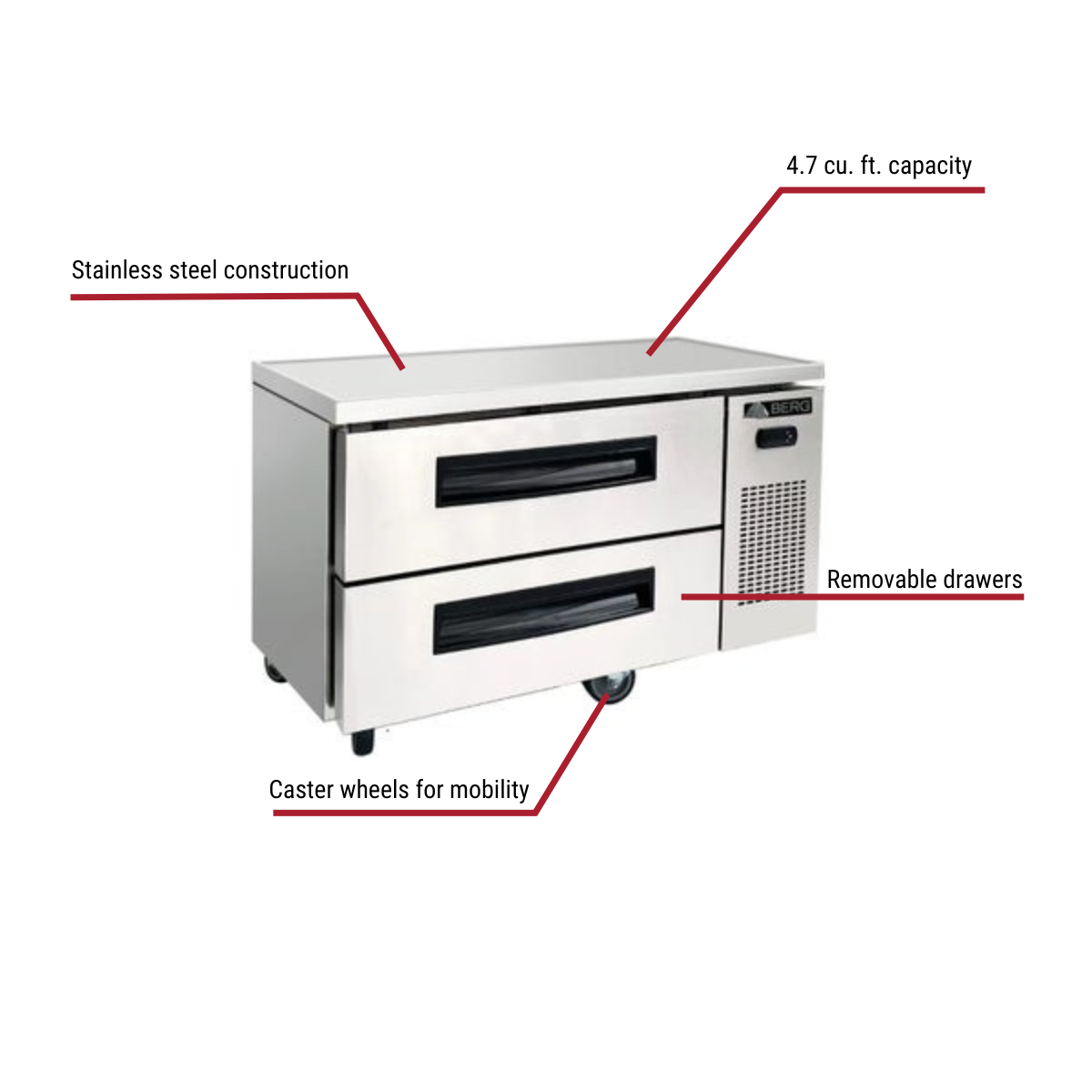 Berg CB36TN 4.7 cu. ft. 2-Drawer Refrigerated Chef Base 36-1/4"W With Callouts To Stainless Steel Construction, 4.7 cu. ft. Capacity, Removable Drawers, Caster Wheels