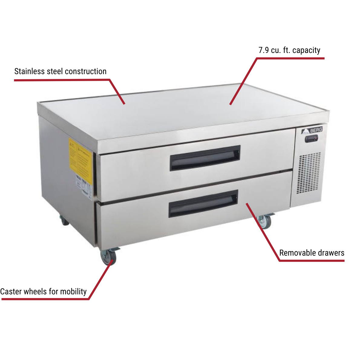 Berg CB52TN 7.9 cu. ft. 2-Drawer Refrigerated Chef Base 52-3/4"W With Callouts to Stainless Steel Construction, Casters, Removable Drawers