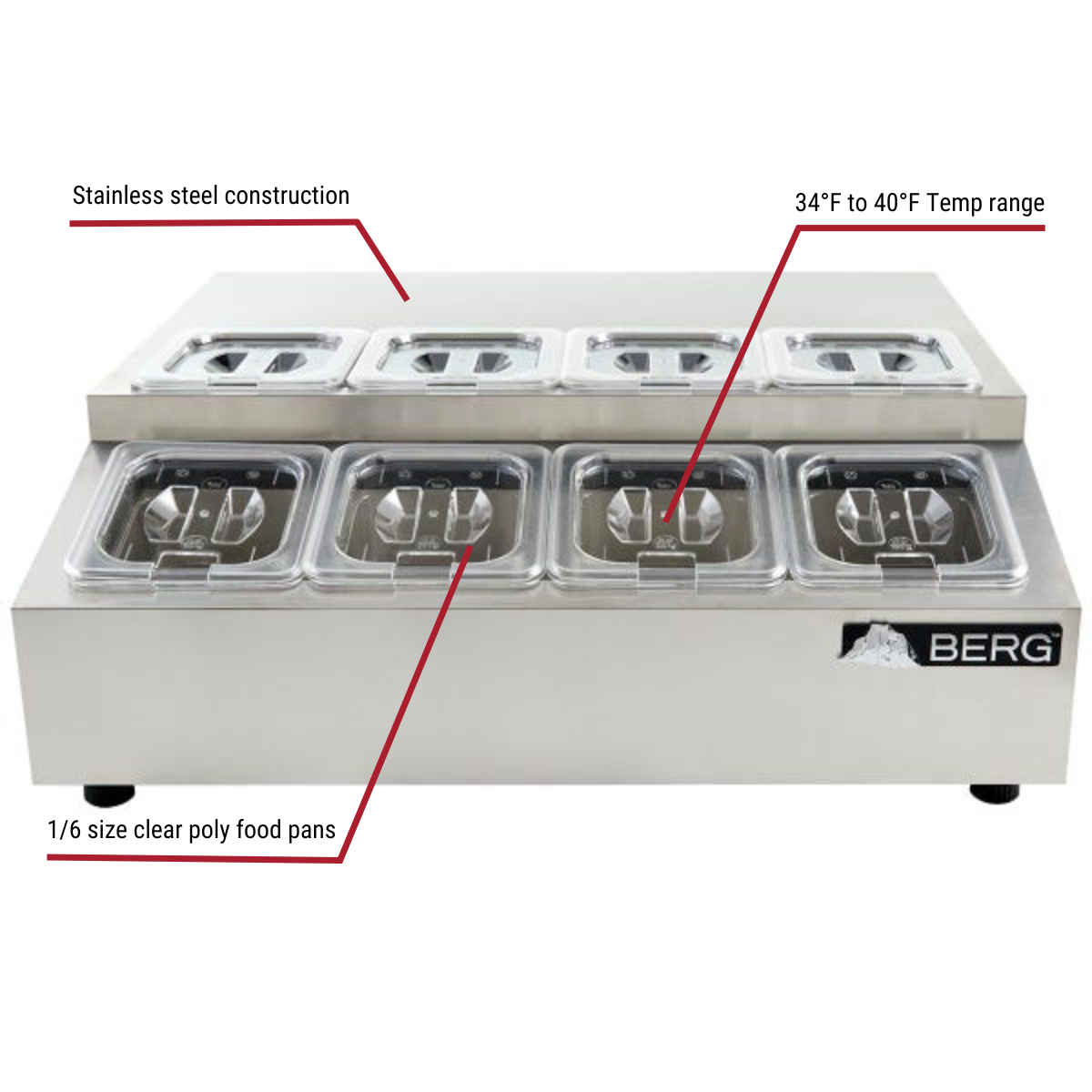 Berg RTR-80 8-Pan Countertop Refrigerated Prep Station 27-1/2"W With Callouts to Stainless Steel Construction, 34 to 40 Degree Temp Range, 1/6 Size Clear Poly Food Pans
