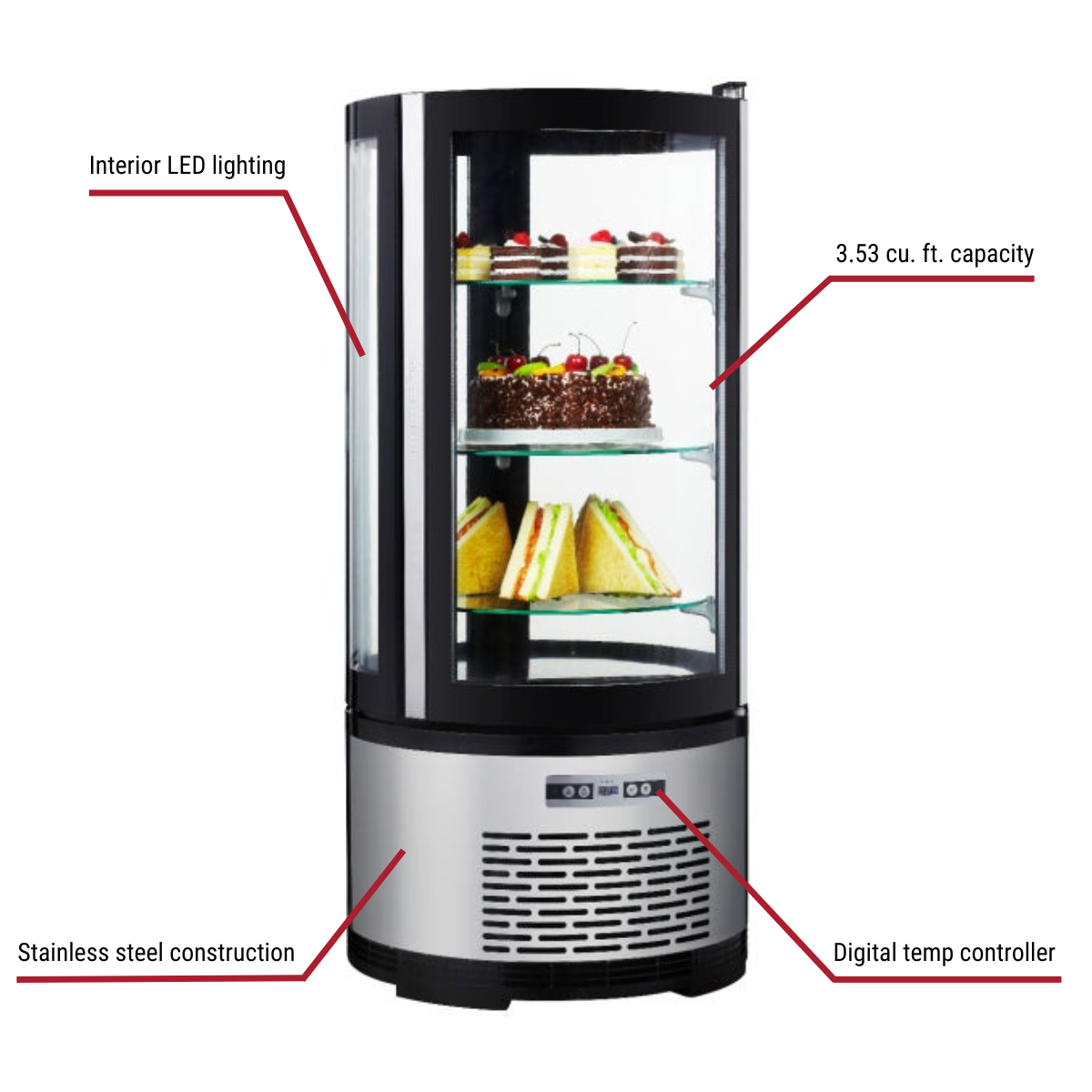 Berg ARC-100R Refrigerated Countertop Cake Display Case 19"W With Callouts to 3.53 cu. ft. Capacity, Interior LED Lighting, Stainless Steel Construction, Digital Temp Controller