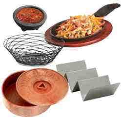 A black molcajete bowl, fajita platters, metal food baskets, tortilla servers, taco servers.